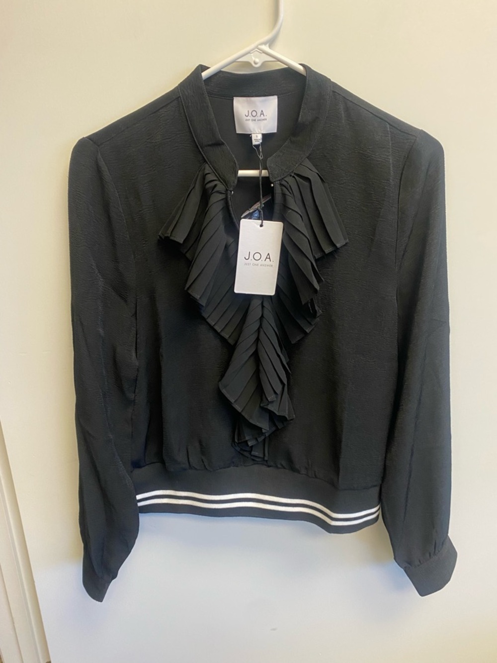 J.O.A. Black Pleated Ruffle Bomber Jacket with Stripe Hem